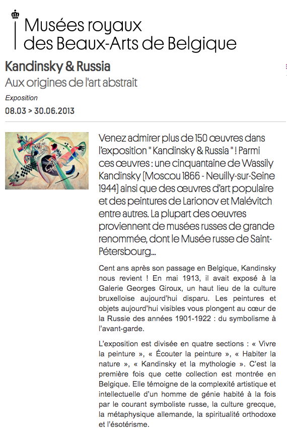 Page Internet. Musées royaux des Beaux-Arts de Belgique. Exposition Kandinsky & Russia. Aux origines de l|art abstrait. 2023-03-08